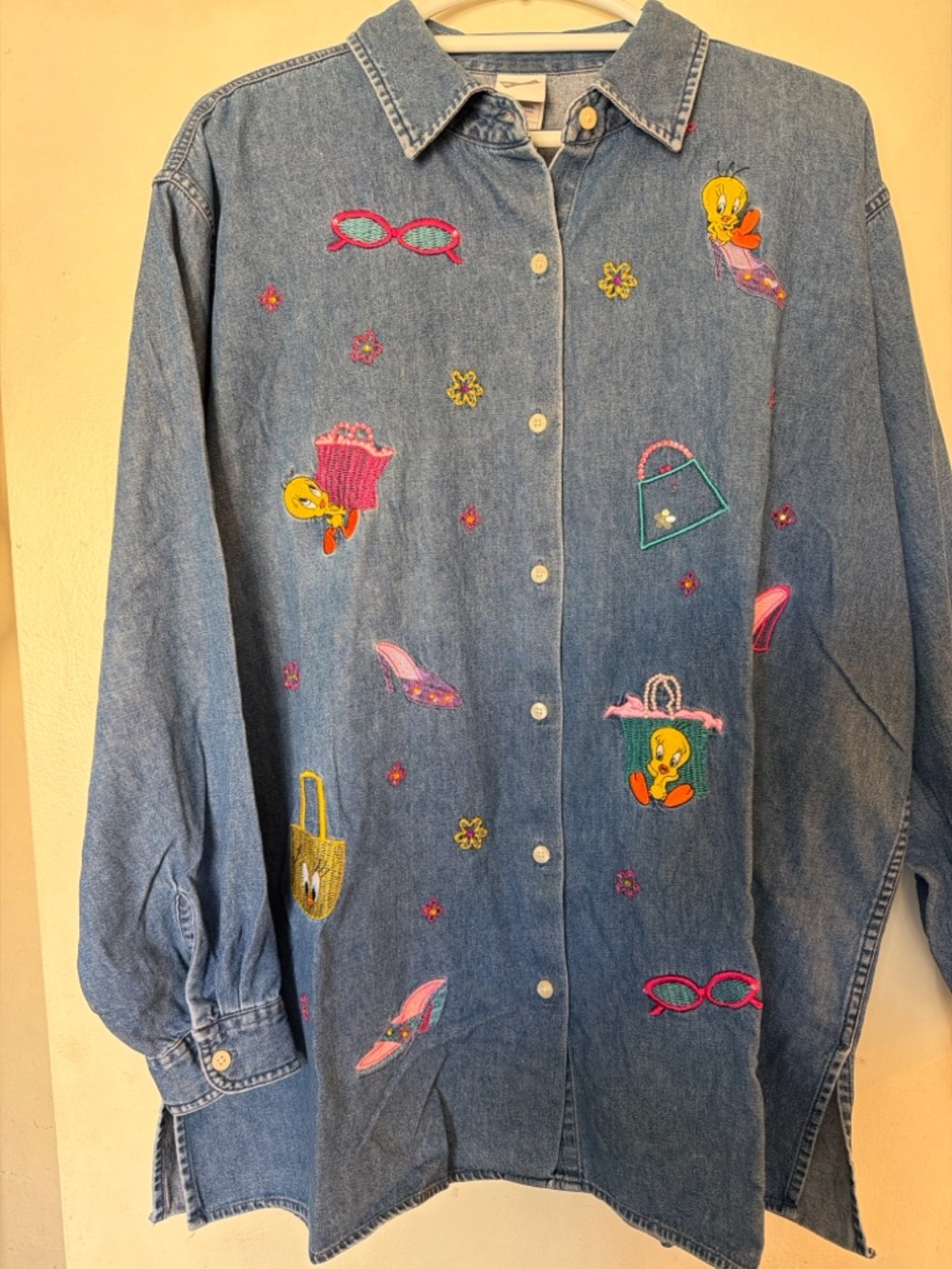 Vintage Tweety Bird Denim Shirt Embroidered Y2K Warner Bros XL Oversized - Picture 3 of 7